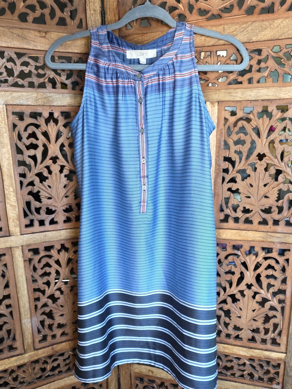 LOFT Blue Striped Sleeveless Shift Dress with Contrast Hem